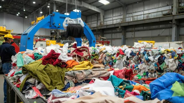 Industrial worker supervising clothes recycling process in modern facility.