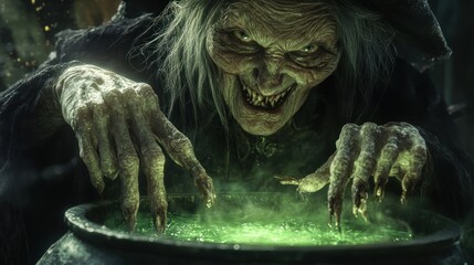 Elderly witch making potion in a dark cauldron