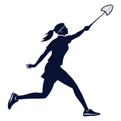 Silhouette of a woman playing badminton, isolated on white background
