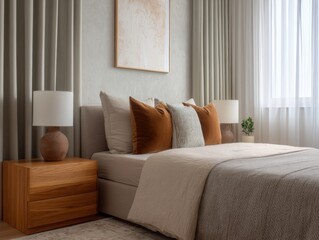Fototapeta premium A bedroom with a bed, nightstand, and a picture on the wall. The bed has pillows and a blanket