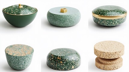 Elegant Green and Gold Terrazzo and Cork Containers and Tables