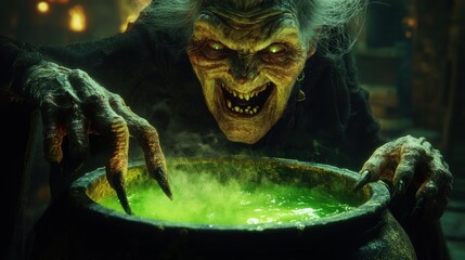 Witch stirring a potion in a cauldron