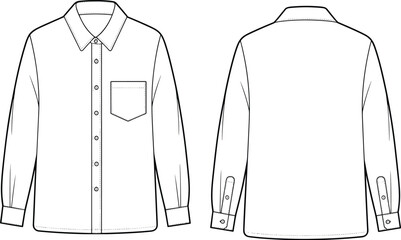 Long Sleeve Button Down Men Shirt with Pocket and Yoke Back, Flat Technical Sketch, Fashion CAD Drawing Flat Vector Illustration