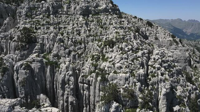 Aerial view of the fantastic karst rock faults of Mount Tresteni vrh in Montenegro