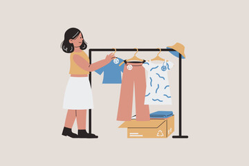 Illustration of Woman Buying Second Hand Clothes