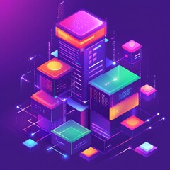 Isometric Neon Data Center Cyberpunk Style Cubes, Network Concept, Digital Art Digital art, Cyberpunk