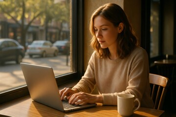 Freelancer working remotely enjoying morning sunlight in cafe, typing on laptop with cup of coffee next to her