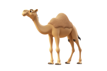 Camel walking through sand 3d render cartoon character on white background