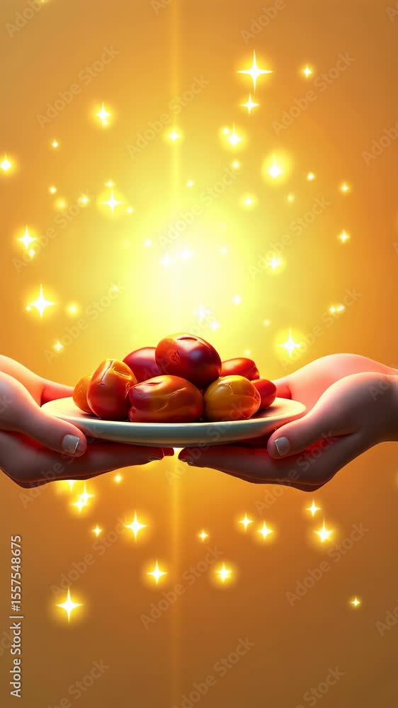 Poster a symbolic 3d icon of two hands sharing a plate of dates with golden light connecting them in cartoo