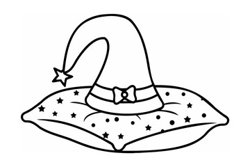 Black and white illustration of a witch hat resting comfortably on a pillow
