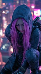 Cyberpunk woman in neon city