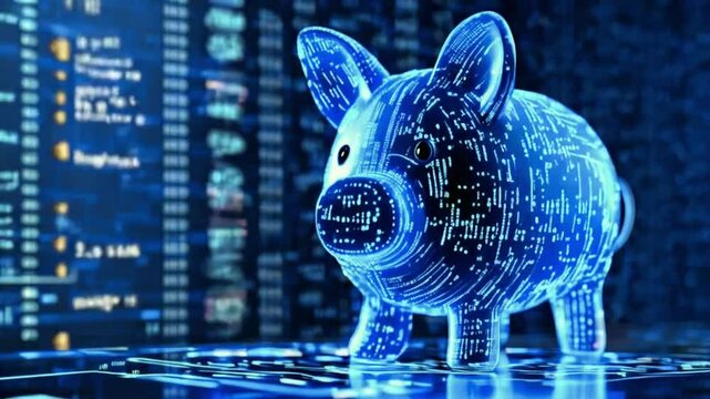 blue digital piggy bank with binary code stream, ai in financial management systems, budgeting apps, investment platforms, and personalized savings strategies.