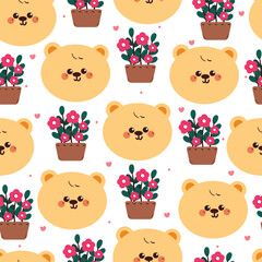 cute hand drawing cartoon bear with flower pot seamless pattern. cute animal pattern in white background for gift wrap paper and wallpaper