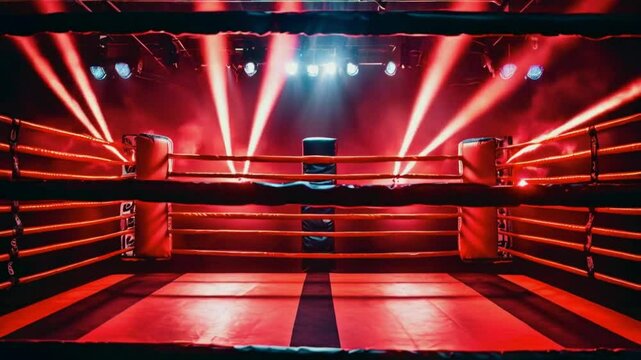 Boxing ring with red light beams.