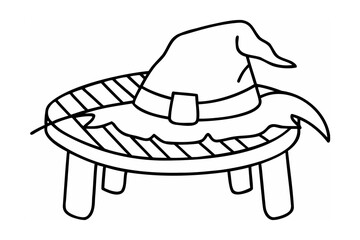 Witch hat resting on a small table monochrome black and white halloween illustration