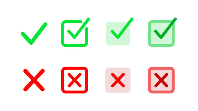 Check Mark and Cross Icon Set. Tick, X, Checkbox, List, Right and Wrong Symbols. Vector Illustration for UI, Apps, Forms, and Infographics.