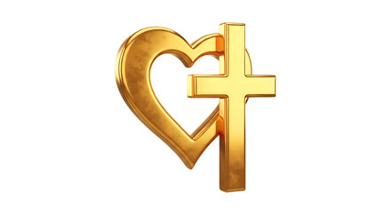 Obraz premium Golden christian cross and heart symbol isolated on transparent background