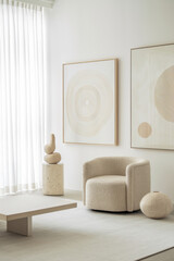 Neutral-toned living room with boucle armchair, abstract circular artwork, and sculptural decor for modern interior inspiration