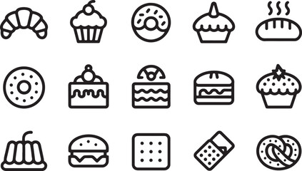 Sweet Delights: A delicious array of baked goods and pastries, meticulously illustrated in a minimalist style. Perfect for culinary projects.