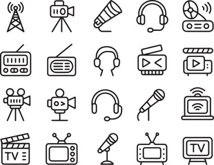 Obraz premium Media Icons Collection: A comprehensive set of line icons representing various media and communication technologies, including television, radio, camera, headphones, and microphone.