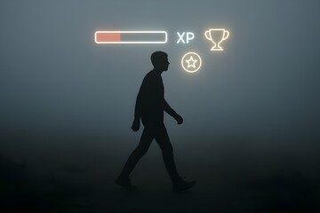 Floating Health Bar and XP Gauge Above Walking Human for UI Design, Presentations, and Gamification of Life Concepts

