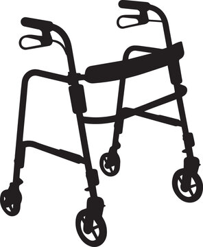 Silhouette vector of a medical rollator walker with wheels and a seat, a mobility aid for seniors.