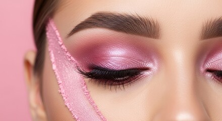 Close up view of an eye with pink eyeshadow and powder on the cheek area