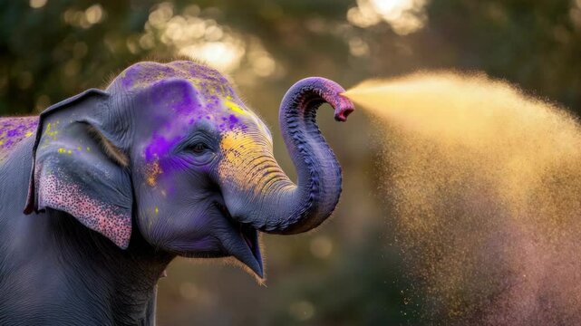 The playful interaction between two elephants during the Holi Festival in India, where one elephant sprays water and colorful powder at another.