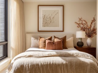 A bed with a white comforter and pillows. A framed picture hangs on the wall