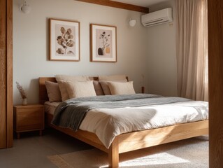 A bed with a white comforter and pillows. There is a picture on the wall above the bed
