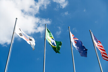 Flags of different countries in the sky