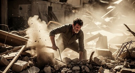 A man digs through rubble and debris after a destructive event.
