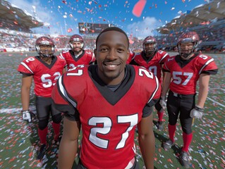 African American football player in red jersey smiles confidently in front of teammates on the field, celebrating victory amidst colorful confetti and a cheering crowd in the background