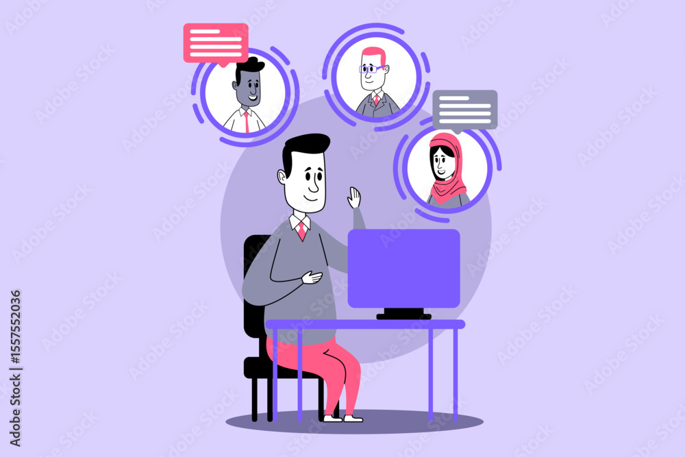 Poster person sitting at desk, interacting with team members through computer. conversations in floating di