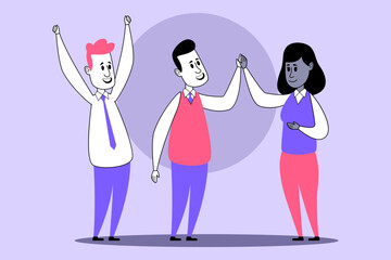 Three animated characters expressing excitement and teamwork. One character raising fist in triumph, while another exchanging congratulatory gesture