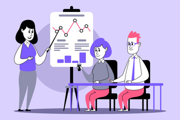 Two colleagues listening as third person presenting data trends using chart in modern office space with focus on collaboration