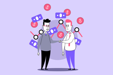 Two individuals in business attire shaking hands against purple background filled with currency symbols and cash icons. Agreement and collaboration in financing concept