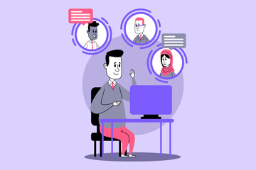 Person sitting at desk, interacting with team members through computer. Conversations in floating dialog boxes. Collaborative remote work environment concept