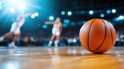 A close-up of a basketball on a court with players blurred in the background during a game under bright arena lights.