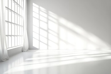 Obraz premium Bright, empty room with large windows letting in natural light, creating shadows on the white floor and walls.