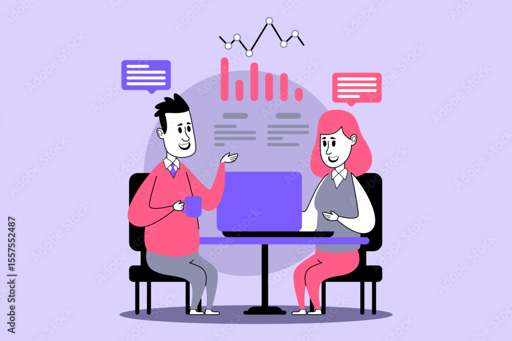 Poster two professionals engaged in conversation at table. man holding cup while discussing data represente