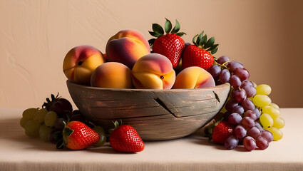 Close-up of mixed summer fruits in a handcrafted wooden bowl, capturing seasonal freshness and charm