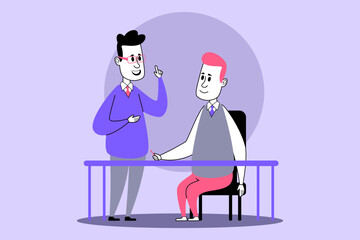 Two professionals engaged in conversation at table. One seated while other gesturing animatedly, sharing thoughts in collaborative atmosphere