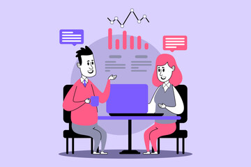 Two professionals engaged in conversation at table. Man holding cup while discussing data represented by graphs and charts on laptop screen