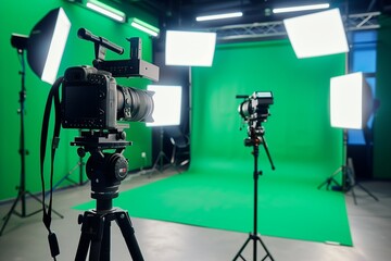 Professional video recording studio with softbox lights, green screen backdrop on wall, camera tripod setup, cinematic lighting.