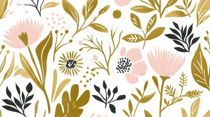 Elegant Gold Pink Floral Pattern Seamless Design Botanical Illustration