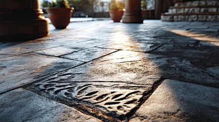 Stamped concrete patio texture closeup with stone pattern and light shadows, outdoor flooring material concept for ads
