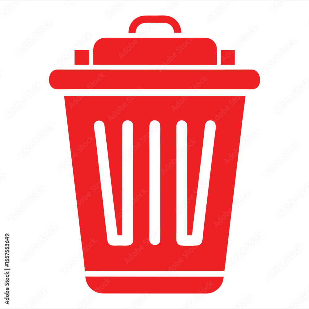 Poster a simple bold red icon of a trash can with a lid and handle isolated on a white background represent