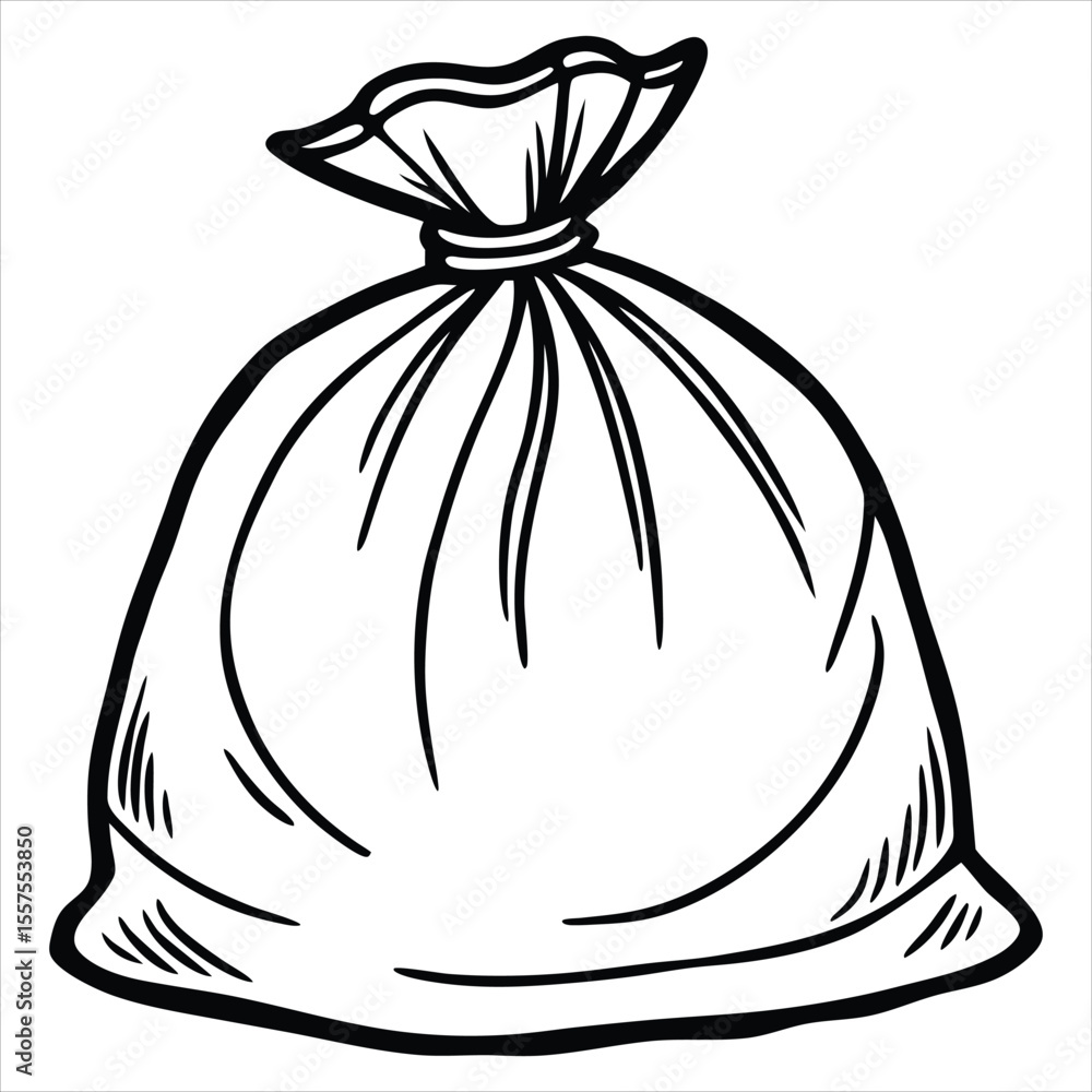 Poster a simple black and white line drawing of a closed drawstring bag representing a gift or a collection