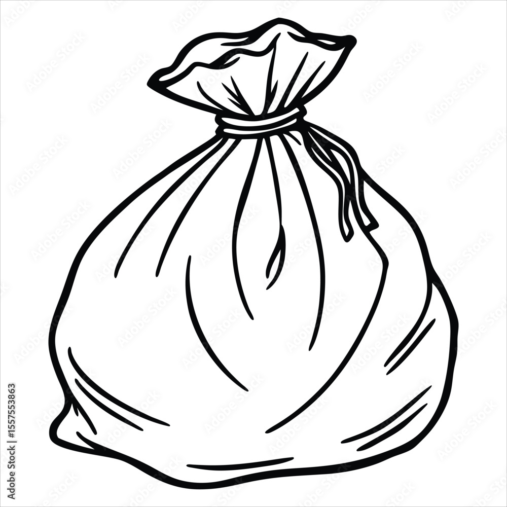 Poster a simple black and white line drawing of a closed drawstring bag filled with contents and tied at th